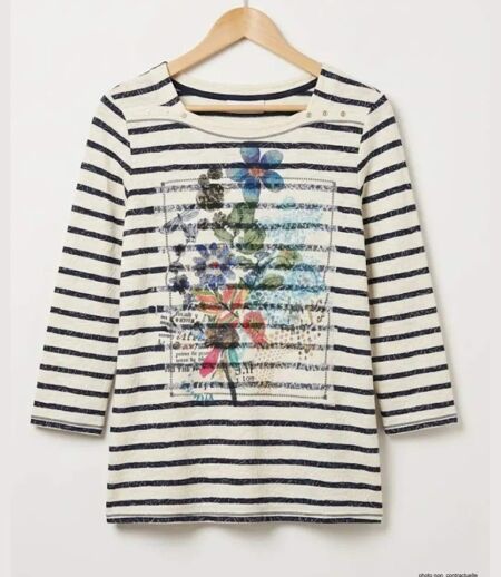 MAYFLOWER KA9631A - Tee-shirt manches 3/4 en coton stretch à imprimé graphique marine et blanc