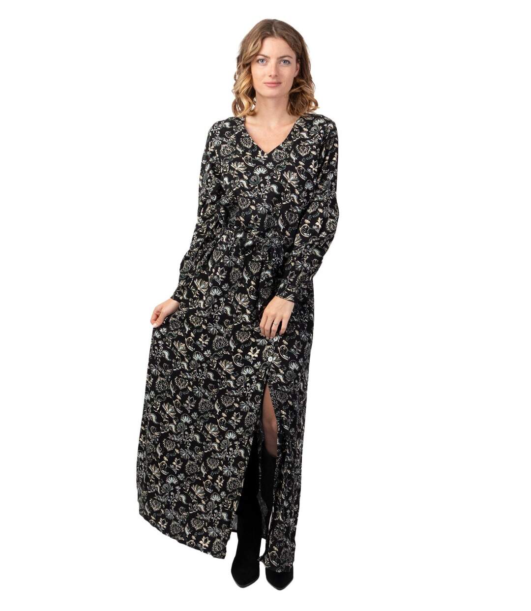 Robe longue hiver en twill de viscose GAYA motif ethnique noir Coton Du Monde-1