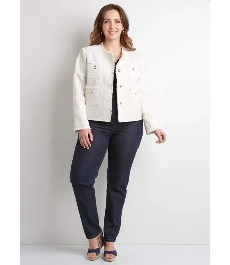 Veste sans col boutonnée courte tissu natté uni