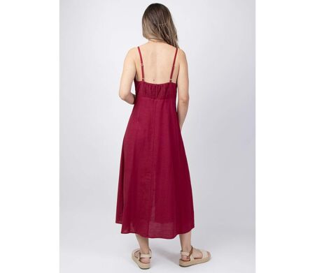 Robe longue estivale fines bretelles VALENTINE unie framboise Coton Du Monde
