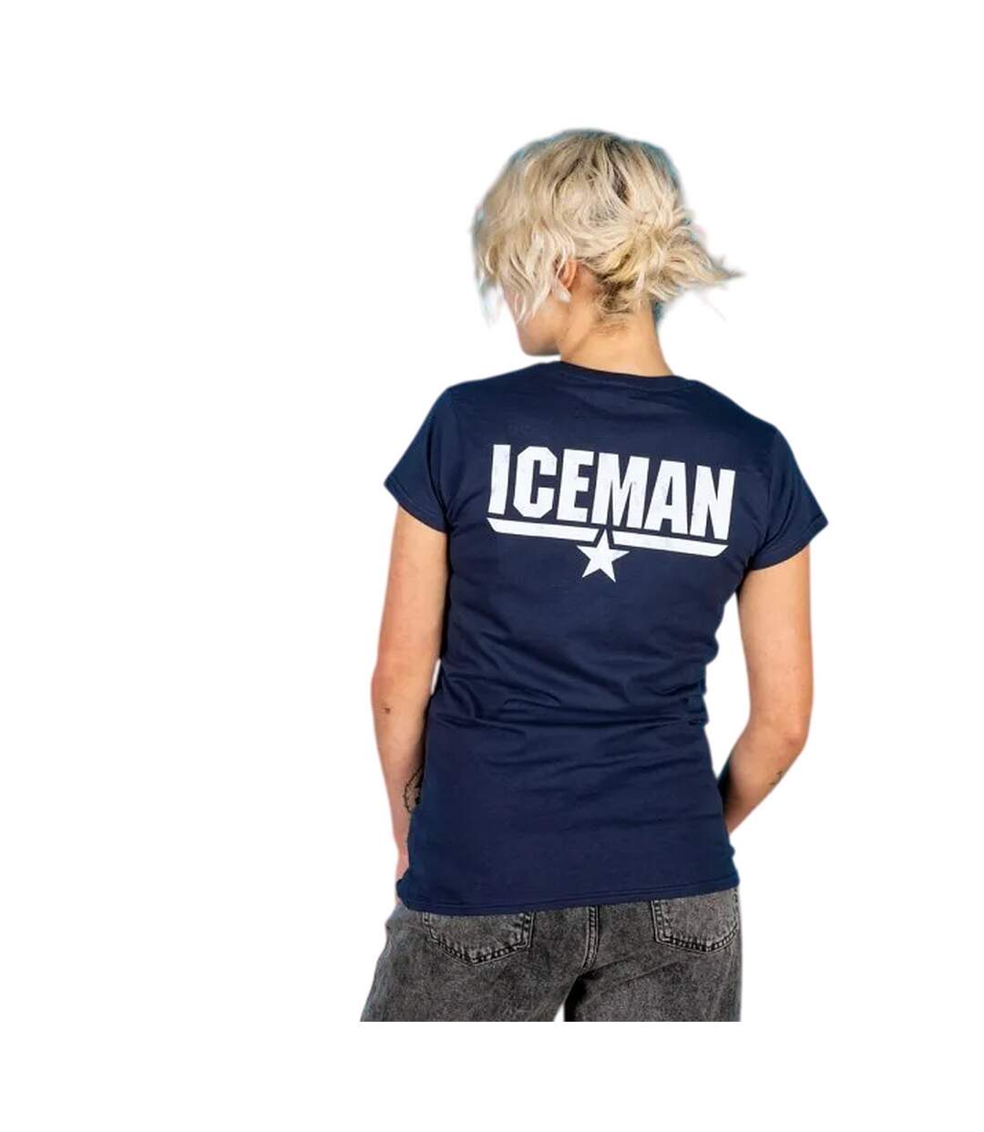 Womens/ladies Iceman Back Print Fitted T-shirt Blue Top Gun-4