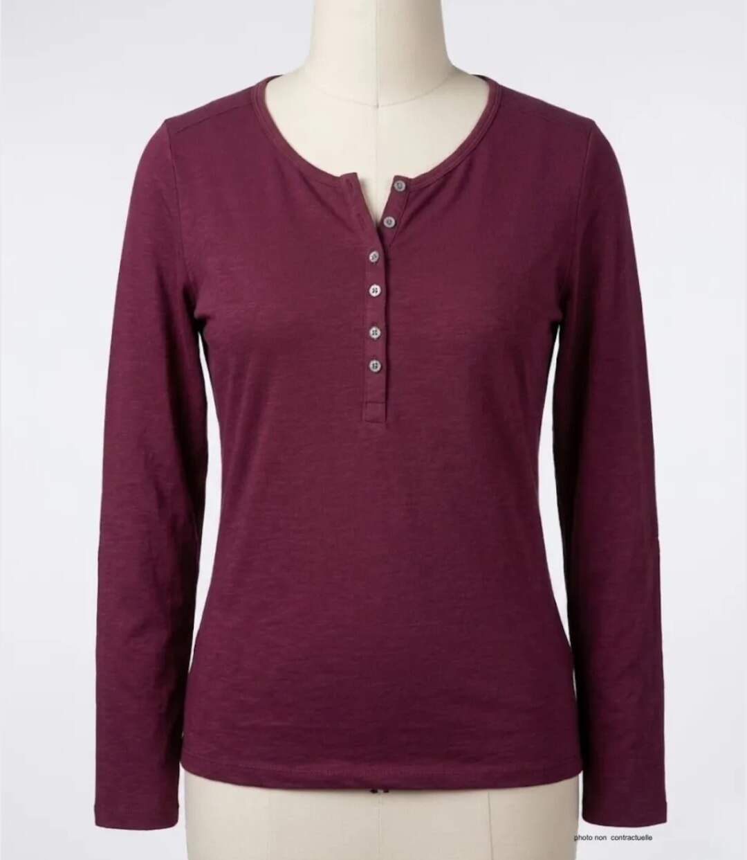 MAYFLOWER NINON4 : Tee-shirt manches longues prune en coton flammé avec patte boutonnée-3