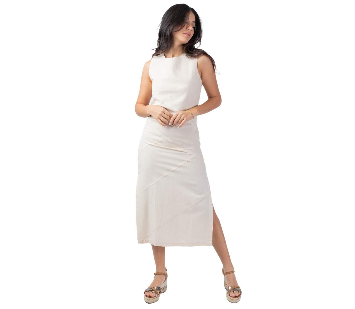 Robe longue sans manches CHARLINE unie beige Coton Du Monde-1