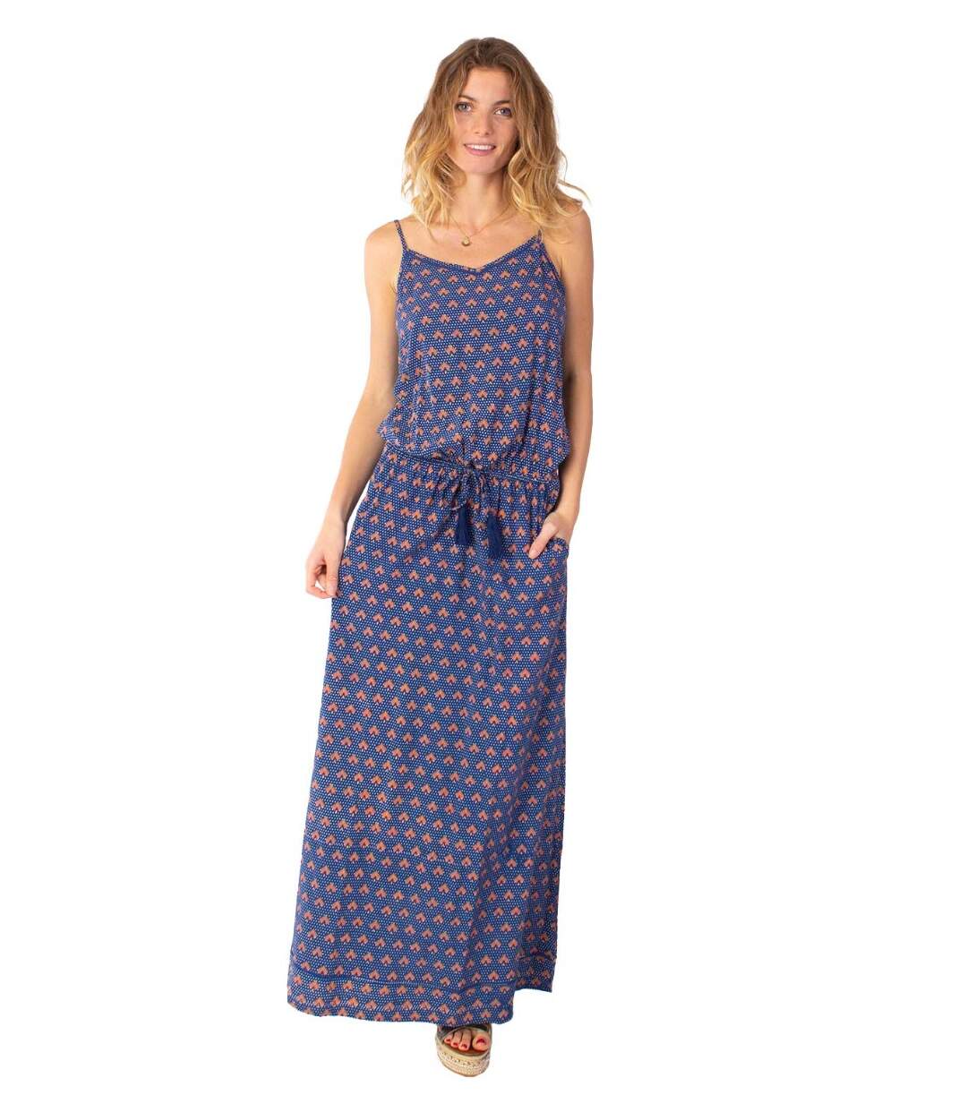 Robe longue fendue fines bretelles ALBA motif ethnique bleu Coton Du Monde