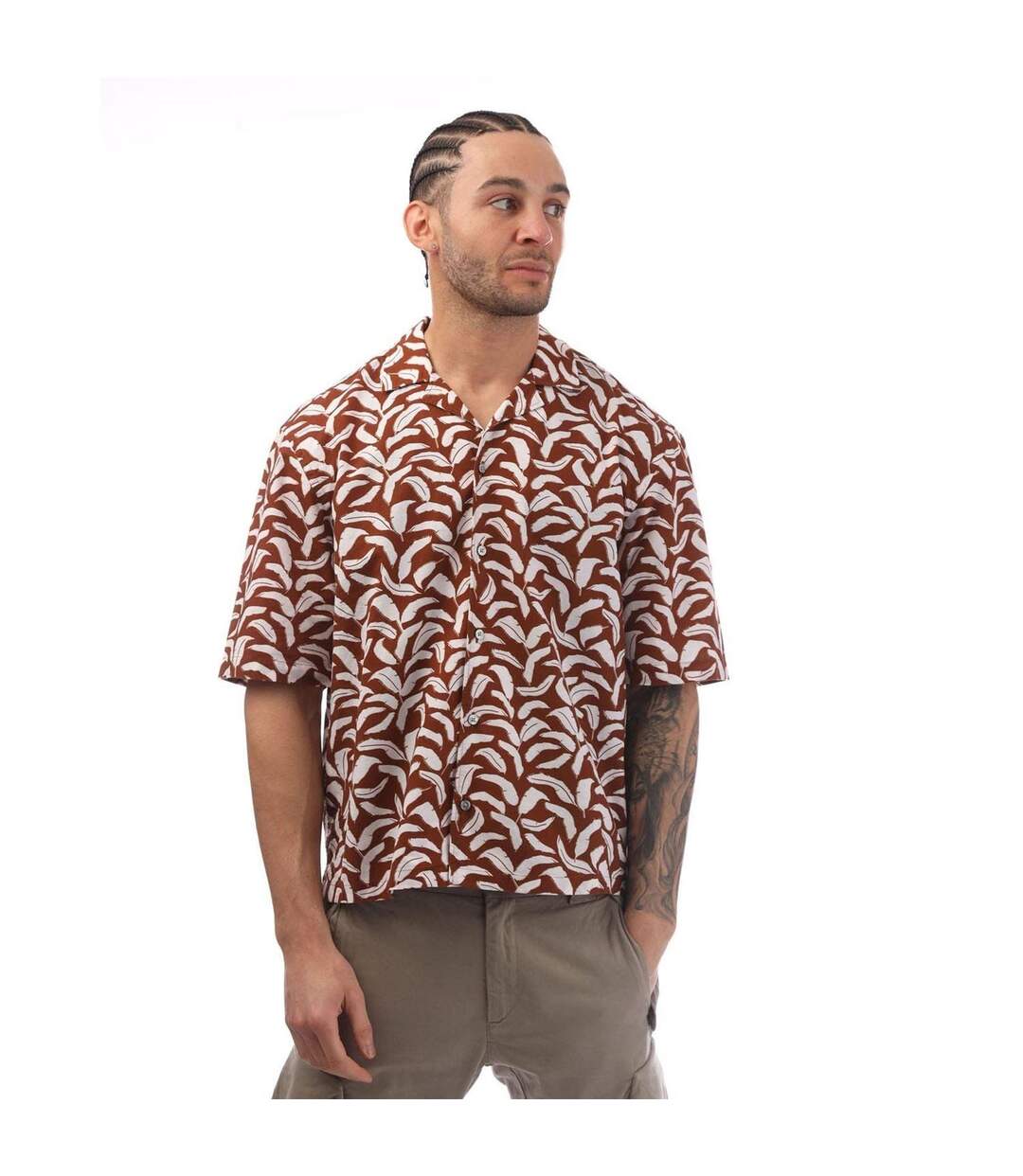 Mens Leaf Print Relaxed Fit Short-sleeved Shirt Brown Boss-2