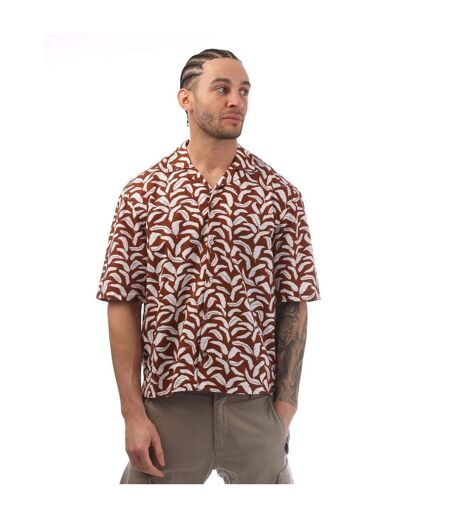 Mens Leaf Print Relaxed Fit Short-sleeved Shirt Brown Boss