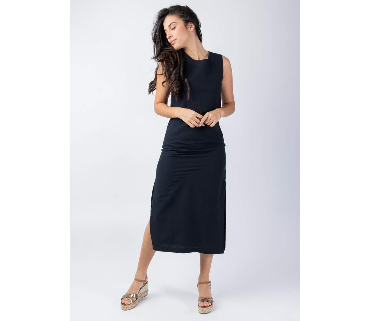 Robe longue coupe droite CHARLINE unie noire Coton Du Monde-2