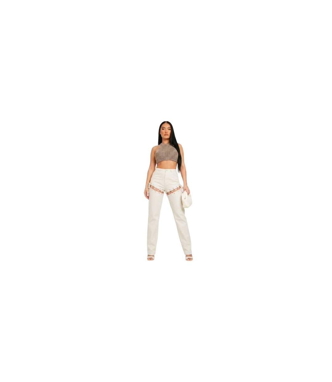 Womens/ladies Lace Up High Waist Trousers Sand Missy Empire-1