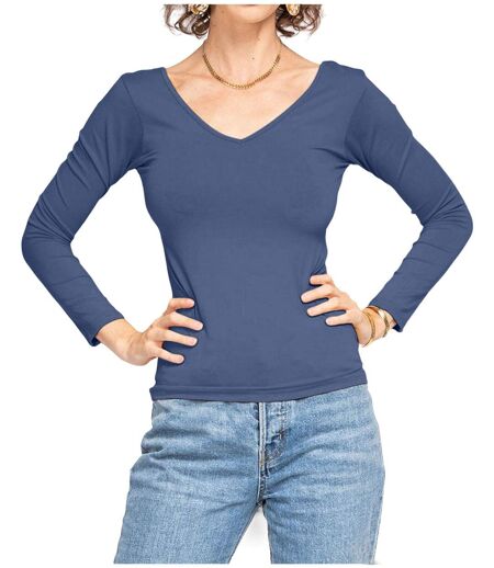 Tee shirt femme manches longues col en V couleur bleu