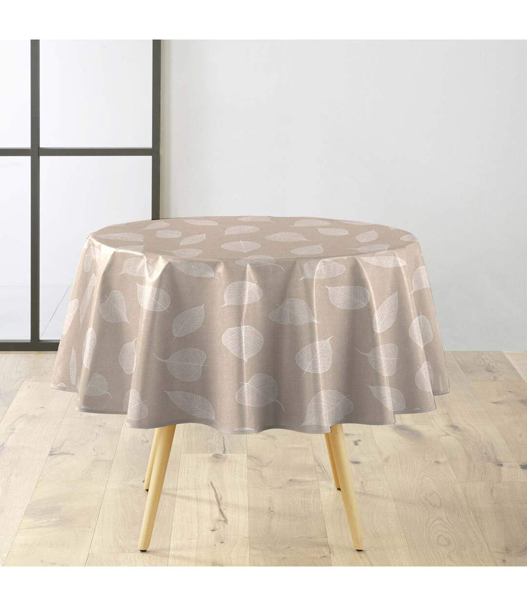 Nappe Toile Cirée Ronde Feuillys 160cm Beige Lin & Blanc-1