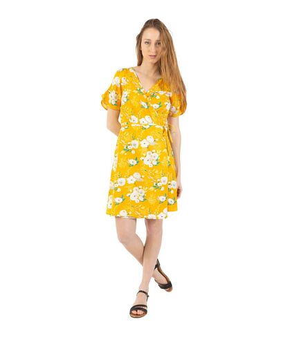 Robe courte cache cœur manches froncées LOUNA imprimé fleuri jaune Coton Du Monde