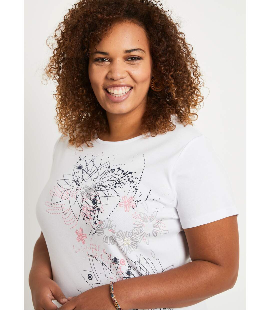 T-shirt long motif fleuri fentes côtés-4