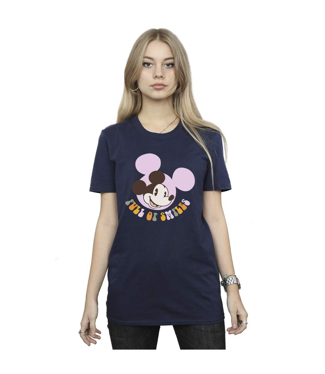 Disney Womens/Ladies Mickey Mouse Full Of Smiles Cotton Boyfriend T-Shirt (Bleu marine) - UTBI38965-2