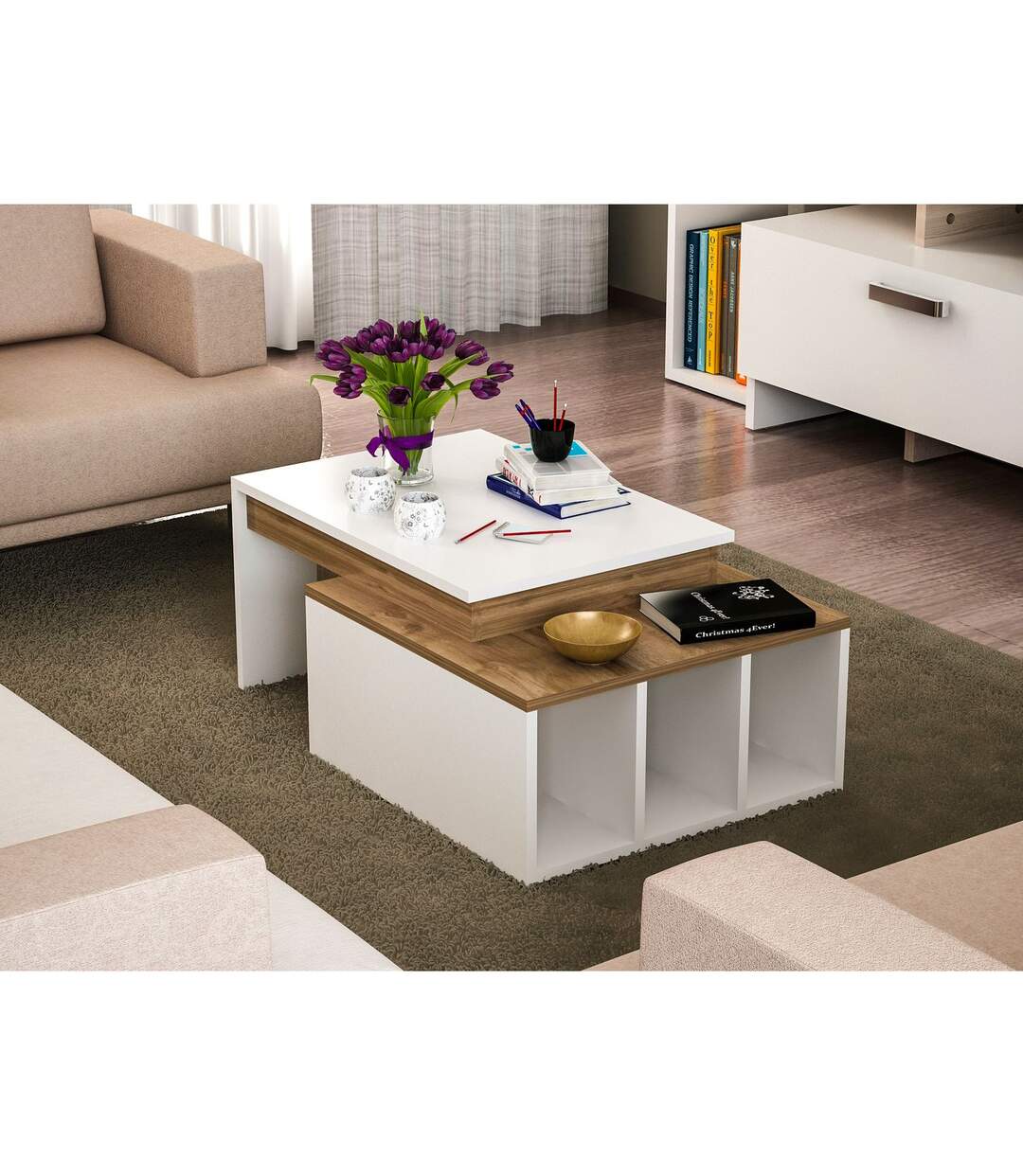 Table basse sur 2 niveaux avec 3 niches de rangement - Blanc et Marron-3
