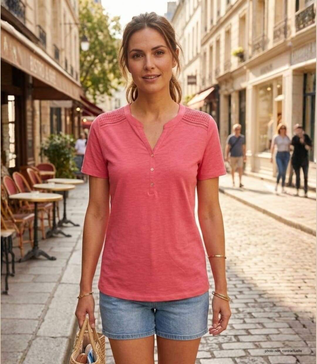 Tee-shirt femme MAYFLOWER TEEF4011A rose : la légèreté du coton flammé au style romantique-5