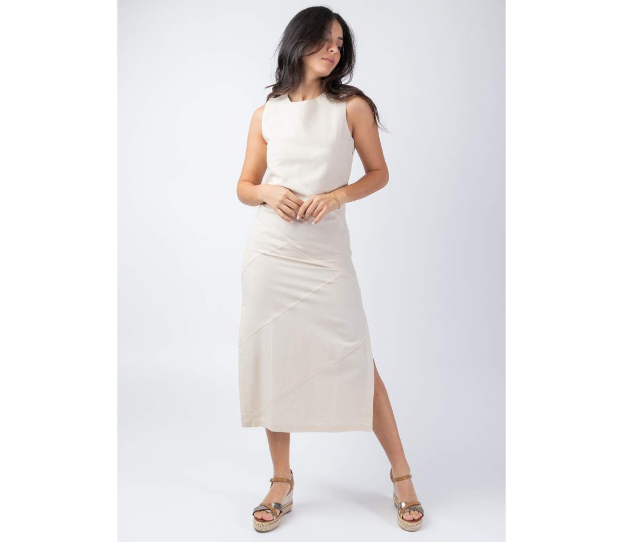 Robe longue sans manches CHARLINE unie beige Coton Du Monde-2