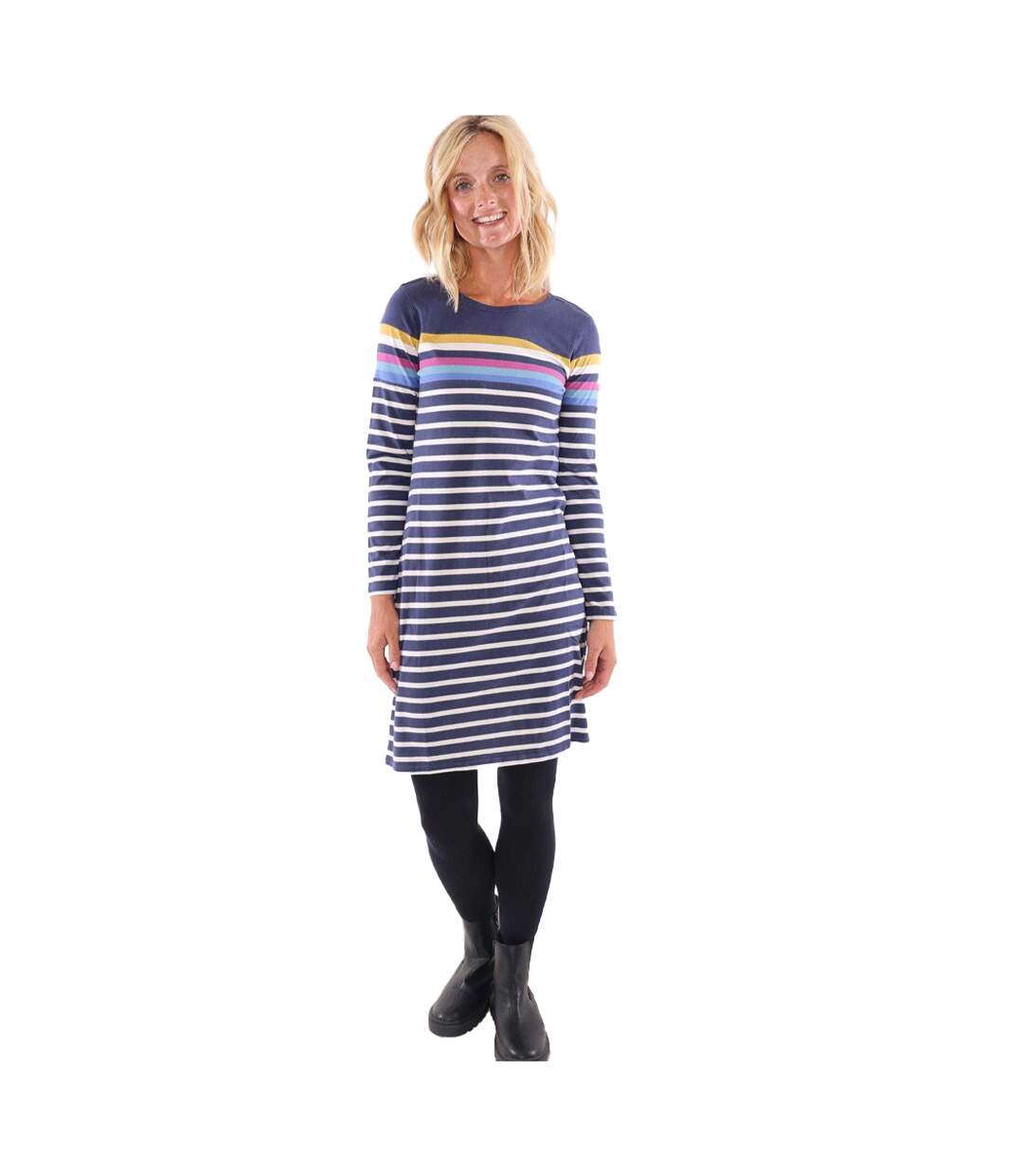 Womens/ladies Prism Stripes Long-sleeved T-shirt Dress Blue Lazy Jacks-1