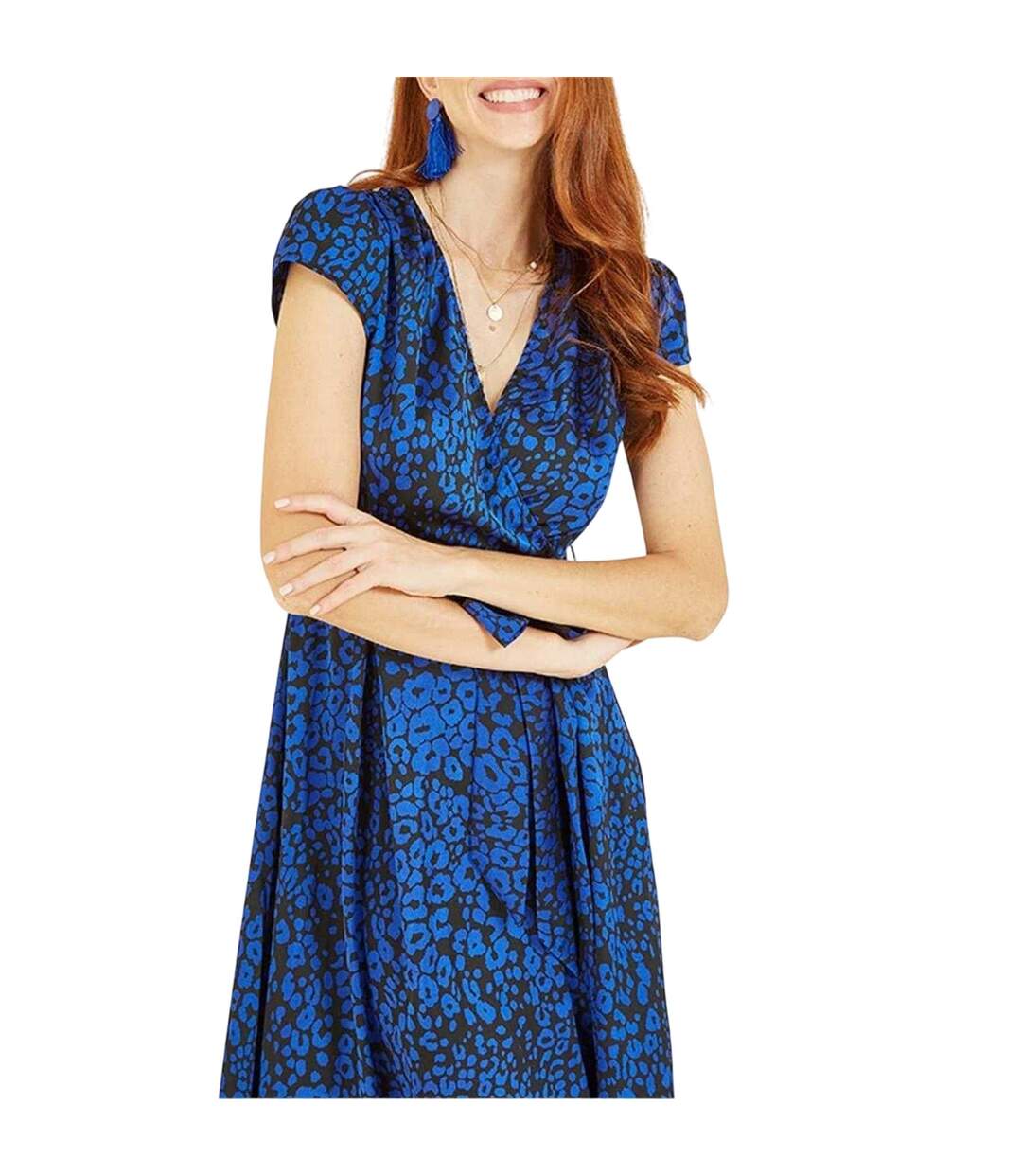 Womens/ladies Leopard Print Capped Sleeved Wrap Dress Blue Yumi-4