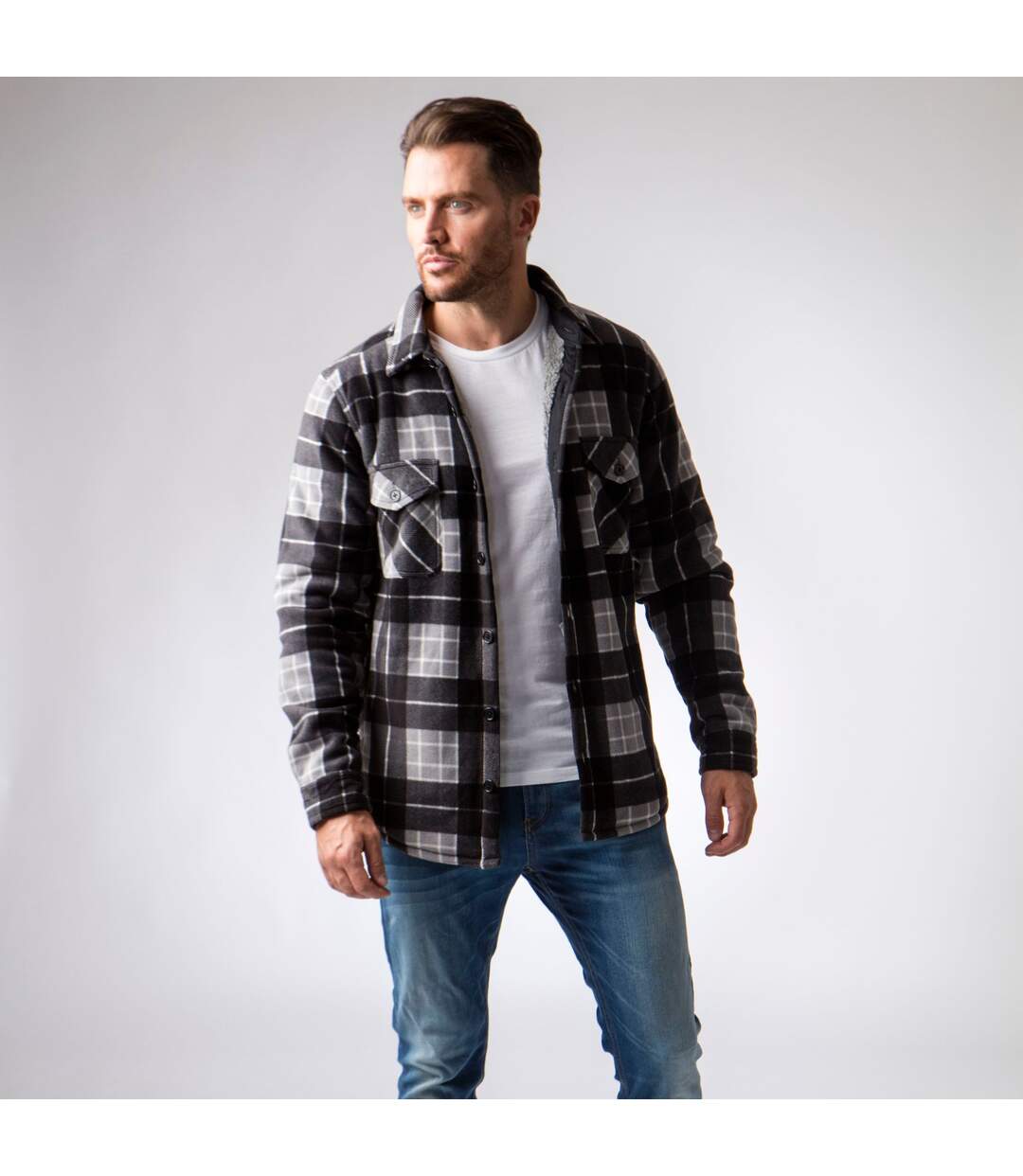Mens Quilted Plaid Pattern Thermal Long Sleeve Winter Jacket-3