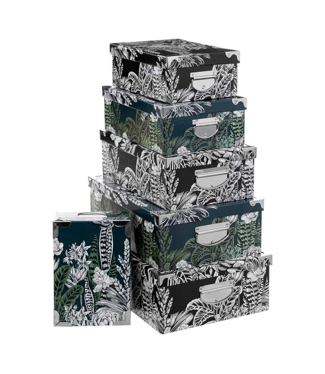 Lot de 6 Boîtes de Rangement Black Floral 48cm Noir & Vert-1