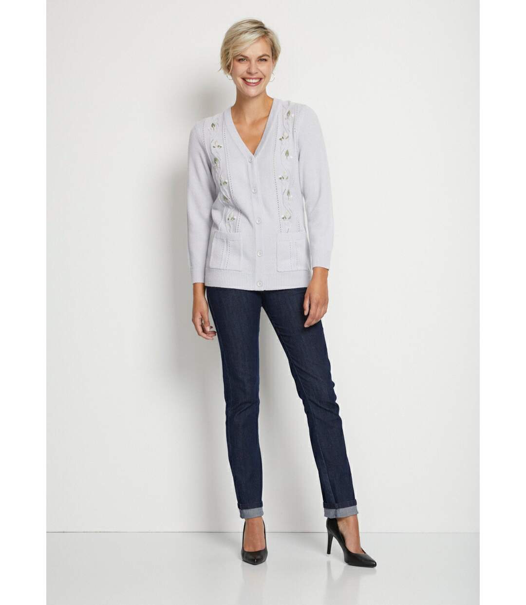 Gilet long boutonné brodé perlé col V-4
