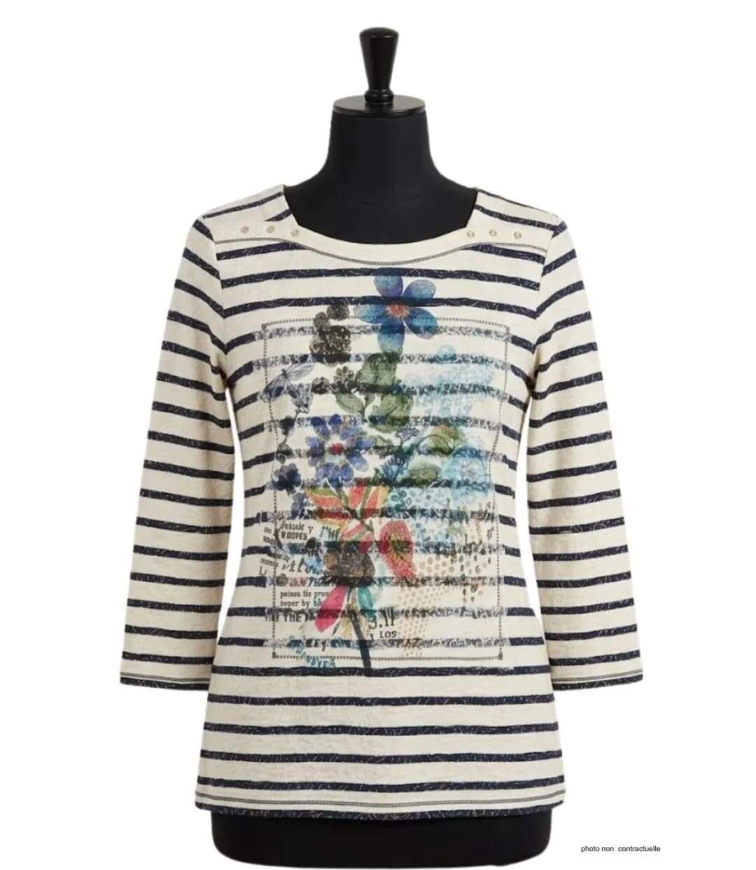 MAYFLOWER KA9631A - Tee-shirt manches 3/4 en coton stretch à imprimé graphique marine et blanc-3