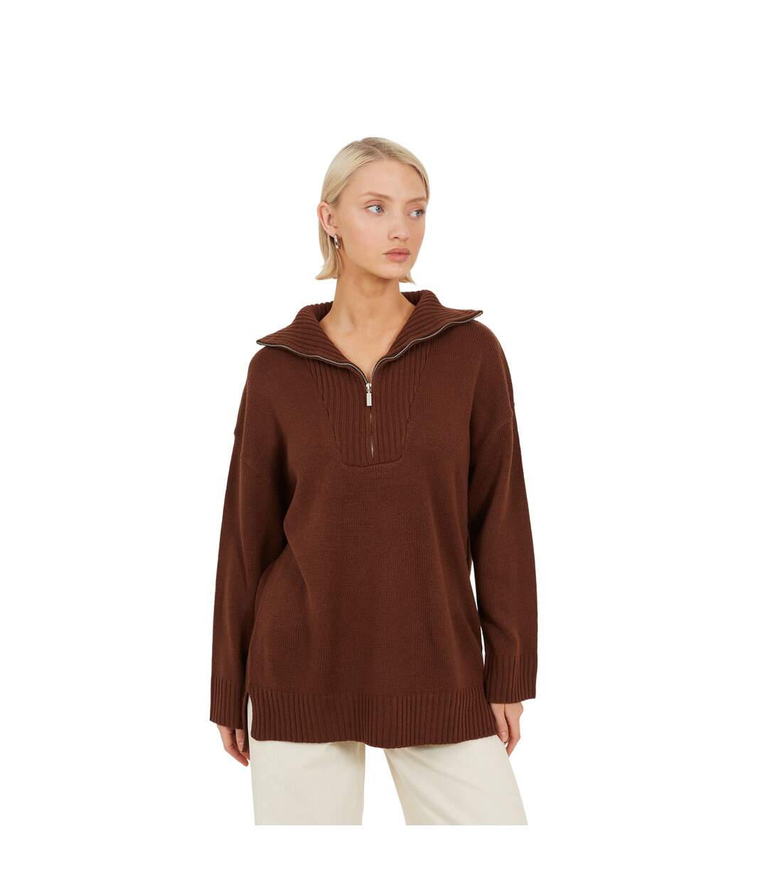 Pull Motif/style Zippé Fashion Femme Marron Chocolat Brave Soul-2