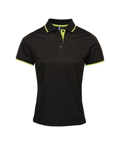 Womens/ladies coolchecker contrast pique polo shirt black/lime Premier