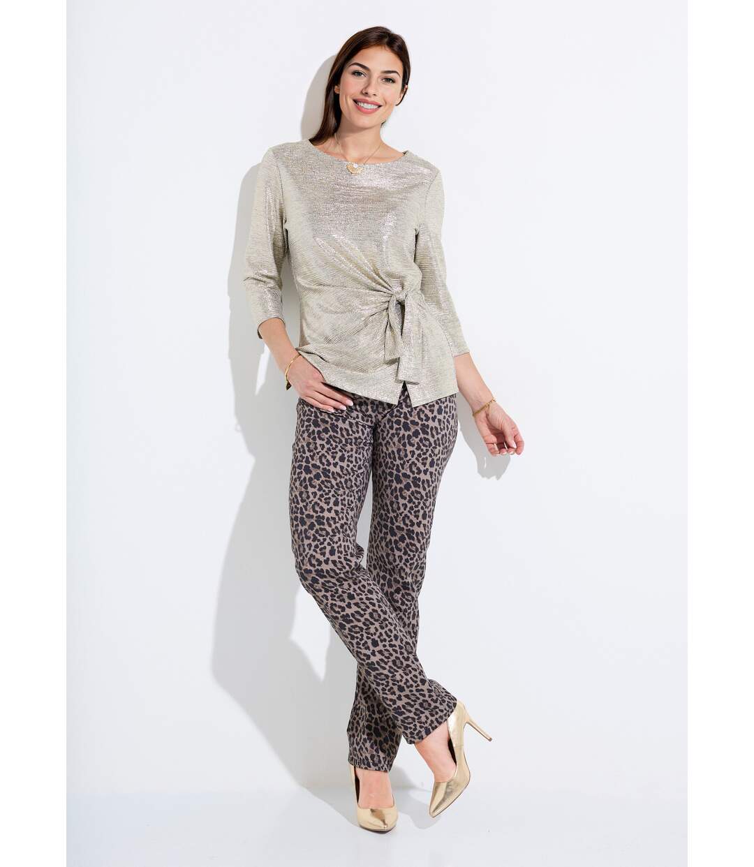 T-shirt long doré effet noué manches 3/4-3