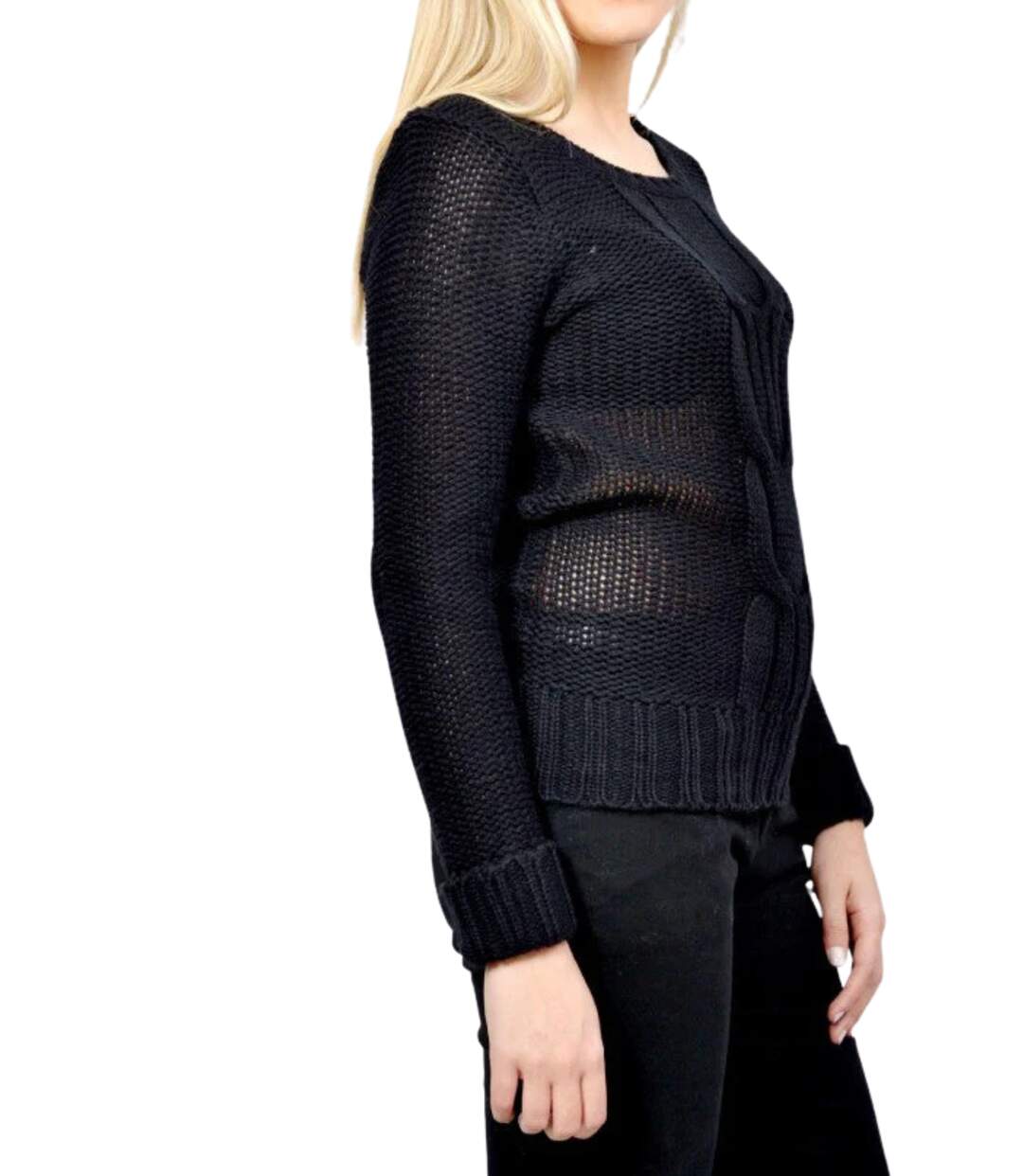 Pull Doux Femme Col Rond Noir - Manches Longues Torsadées-3