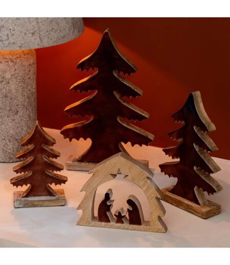 Crèche Sapin en Bois Ajourée 27cm Marron & Naturel