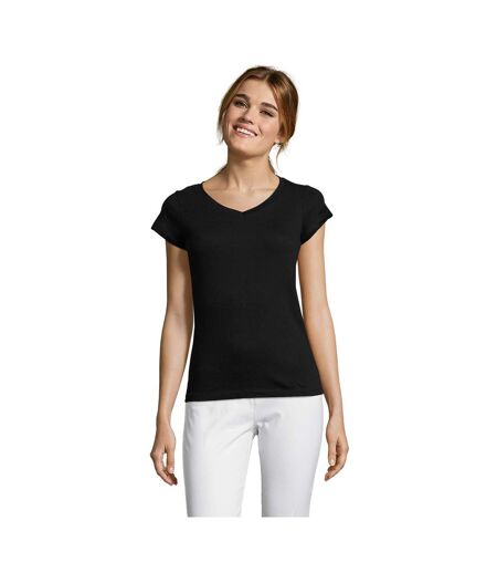 Womens/ladies Moon V Neck T-shirt Deep Black SOLS