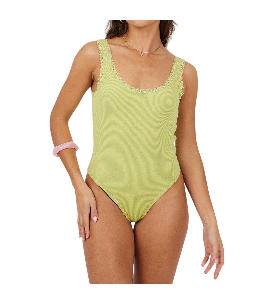Womens/ladies Lace Trim Ribbed Bodysuit Lime Brave Soul-4