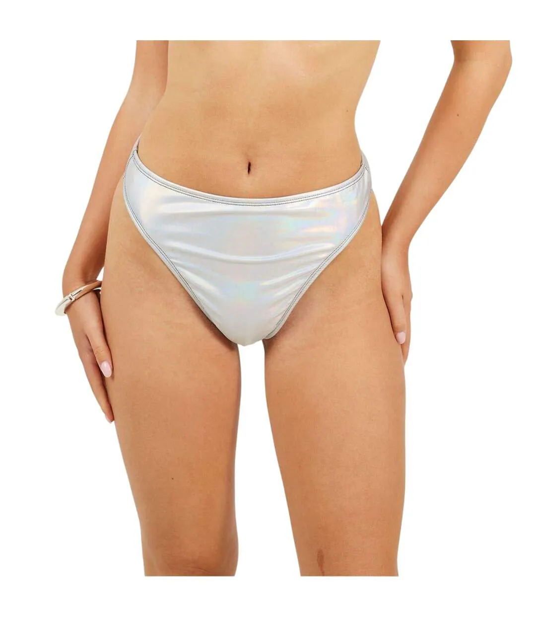 Womens/ladies Holographic High Waist Bikini Bottoms Metallic Silver Brave Soul-4