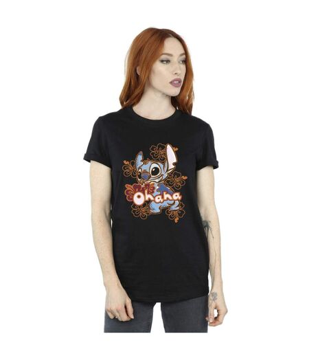 Disney Womens/Ladies Lilo And Stitch Ohana Orange Hibiscus Cotton Boyfriend T-Shirt (Noir) - UTBI30222