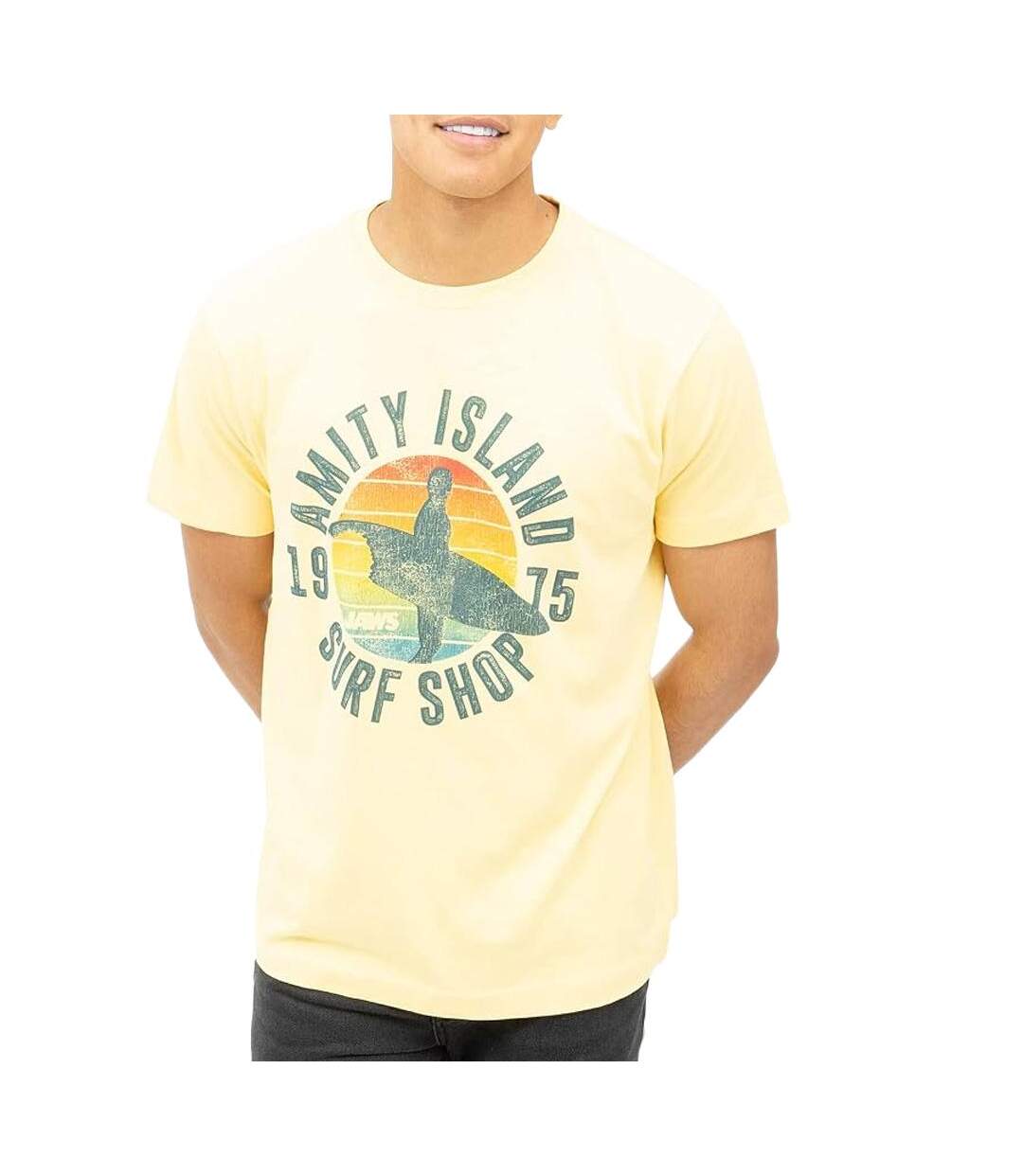 T-Shirt jaune homme jaws amity surf shop-1