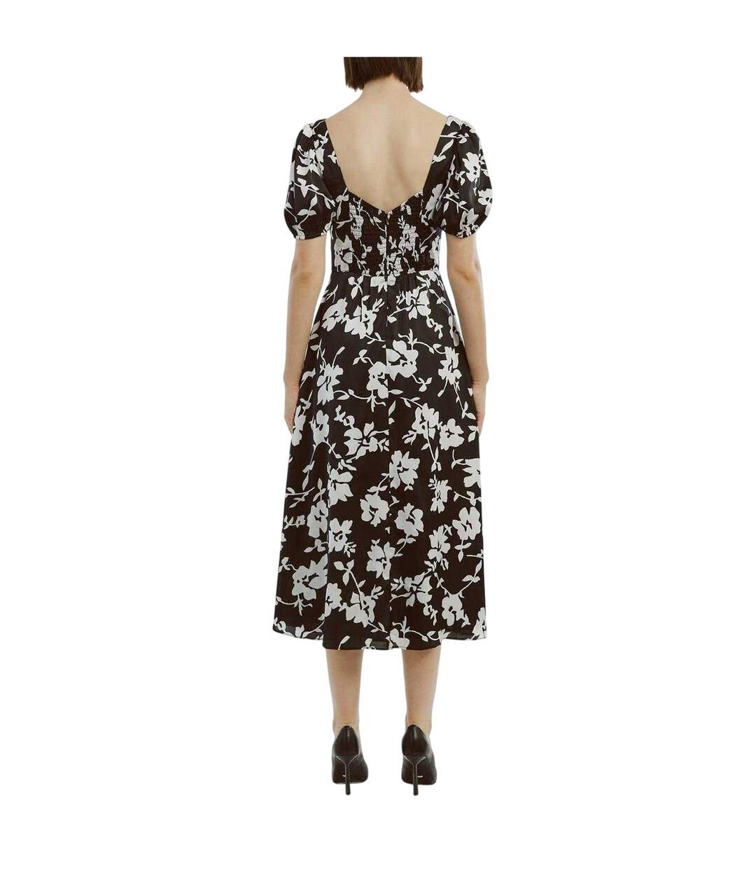 Robe Mi-longue Manches Bouffantes Motif/style Floral Gillian Femme Noir Blanc Bardot-3