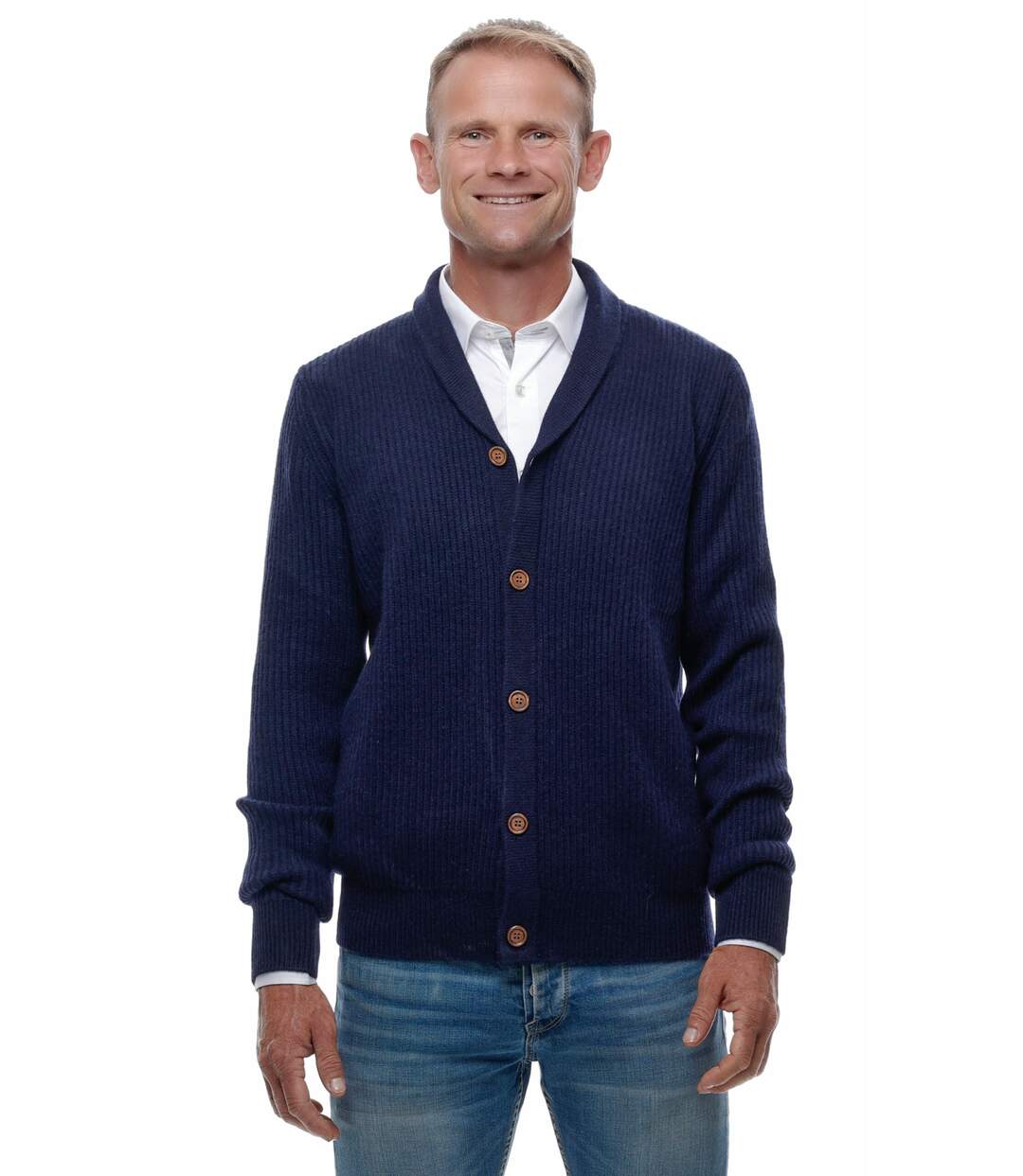 Gilet Tricot Col Châle 100% cachemire Bleu