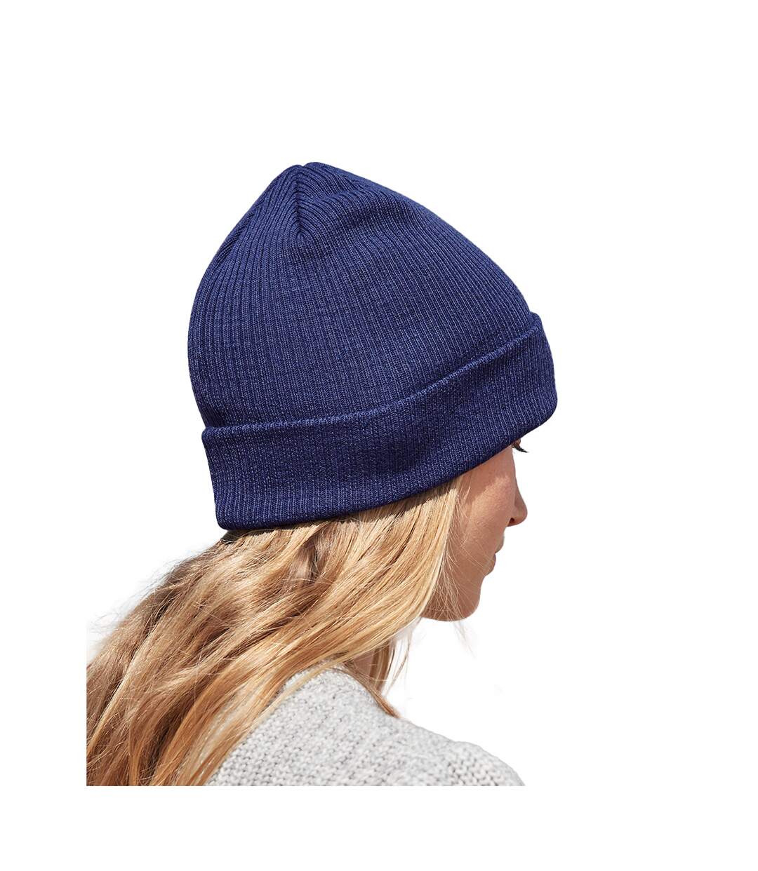 Unisex adult knitted organic cotton beanie oxford navy Beechfield-3