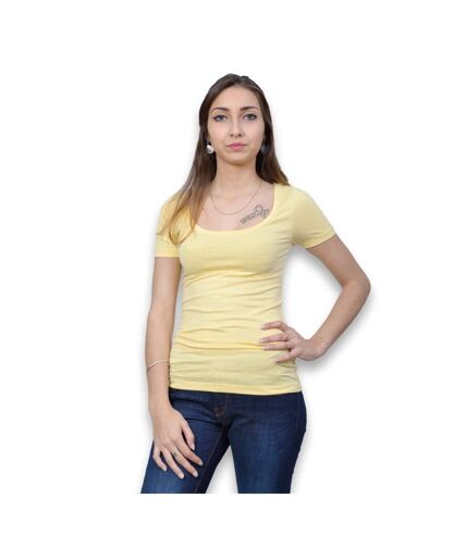 Tee shirt manches courtes femme de couleur jaune col rond