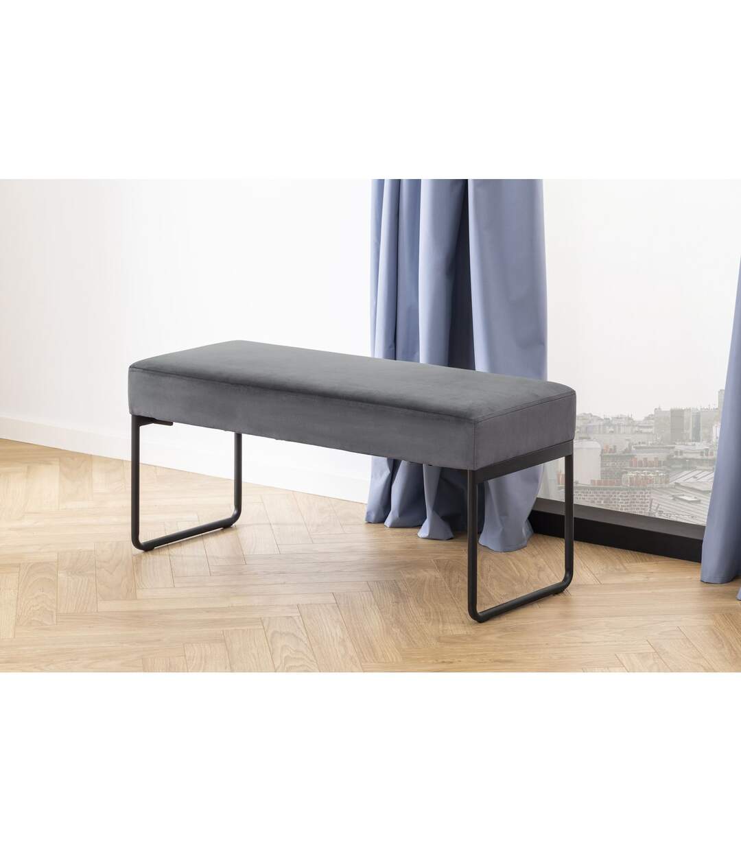 Banc 2 places en tissus effet velours et Métal - Gris et Noir-5