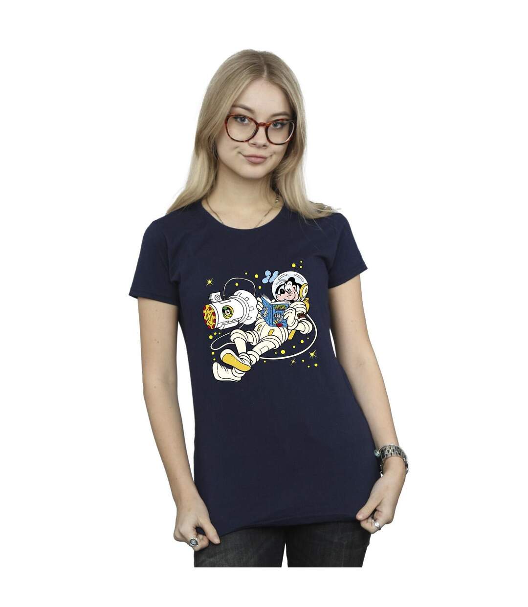 Disney T-shirt en coton Femme/Ladies Goofy Reading In Space (La lecture dans l'espace) (Bleu marine) - UTBI33615-2
