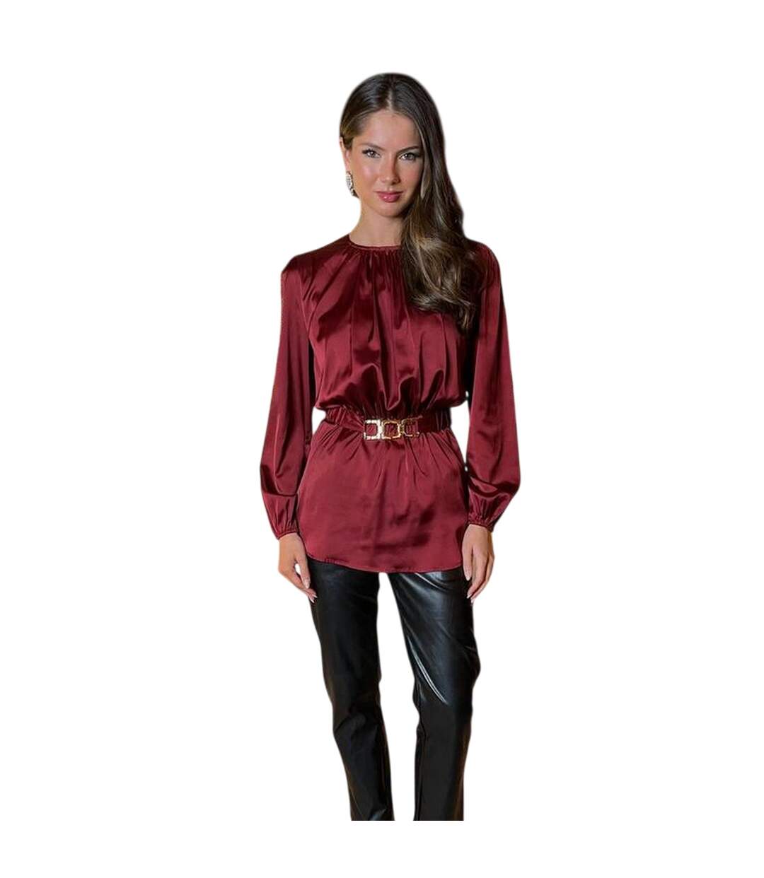 Womens/ladies Gold Detail Belt Long-sleeved Top Wine Ax-4