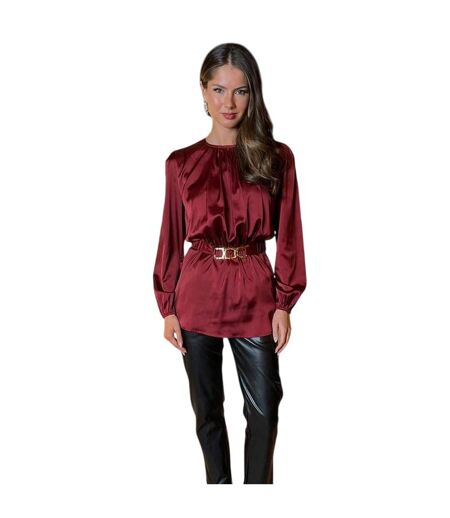 Womens/ladies Gold Detail Belt Long-sleeved Top Wine Ax