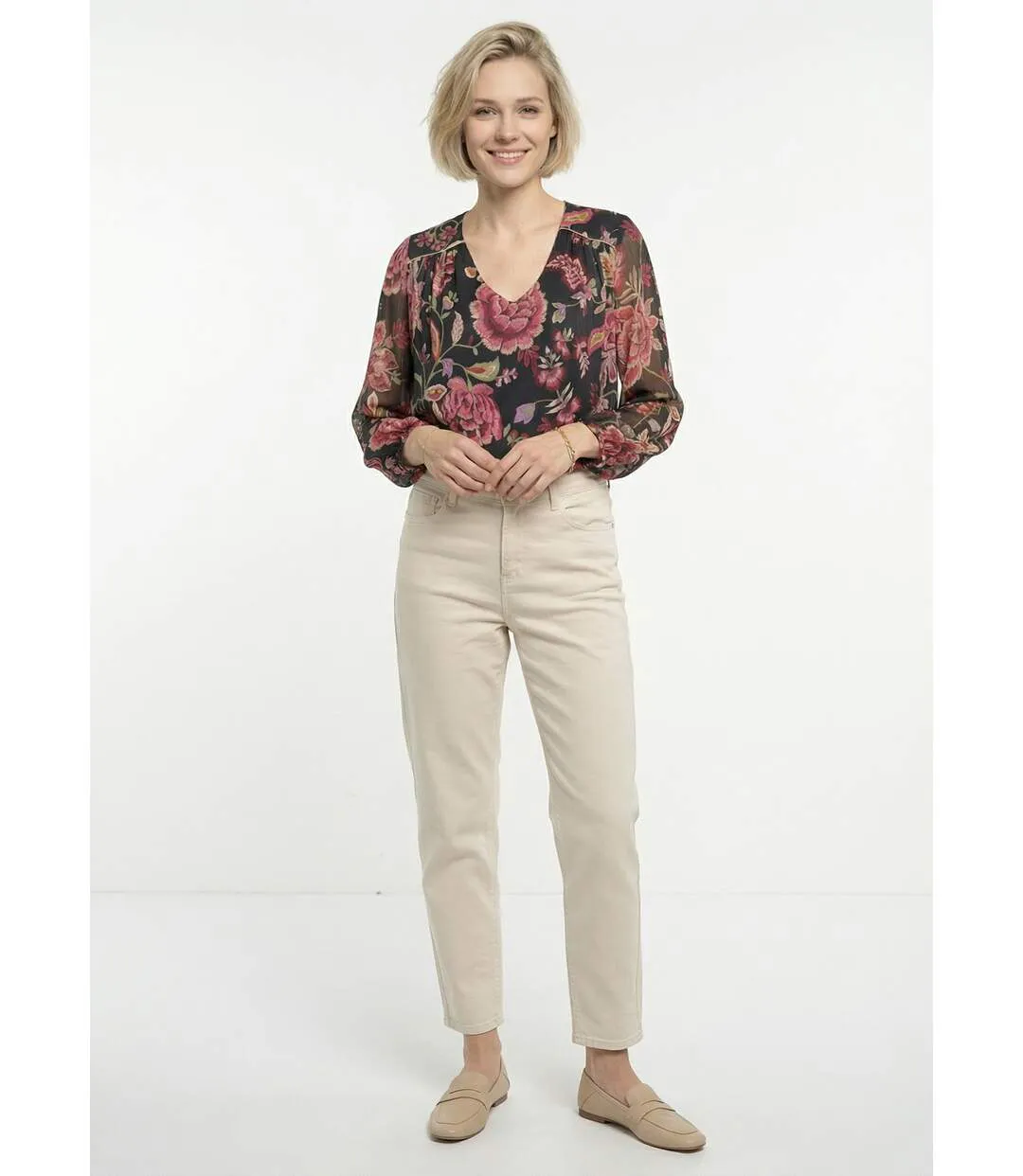 Blouse col V manches longues voile fleuri-3