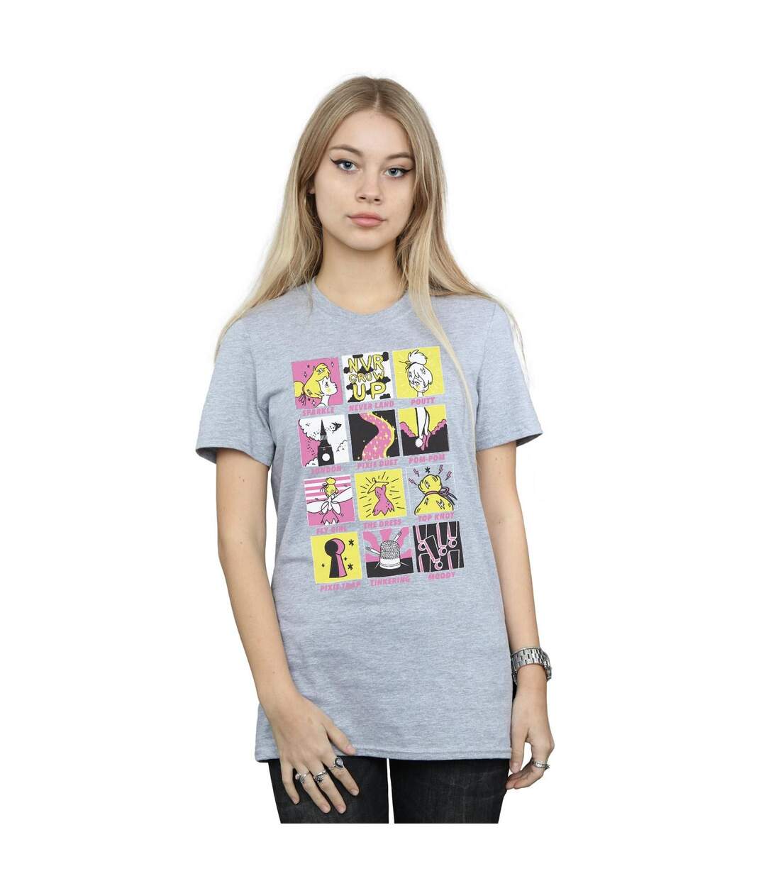 Disney Femme/Ladies - T-shirt boyfriend en coton avec carrés de la Fée Clochette (Gris sportif) - UTBI46466-2