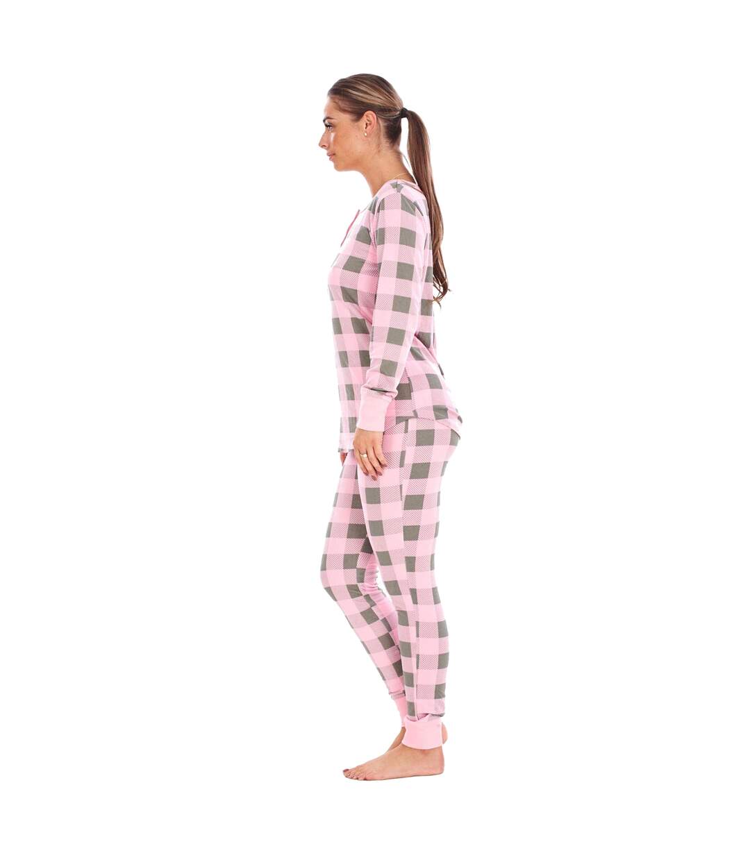 Womens/ladies Buffalo Check Thermal Long Pyjama Set Pink Grey Keanu-3