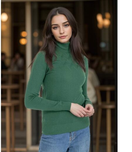 Pull femme manches longues - Col roulé - Couleur vert