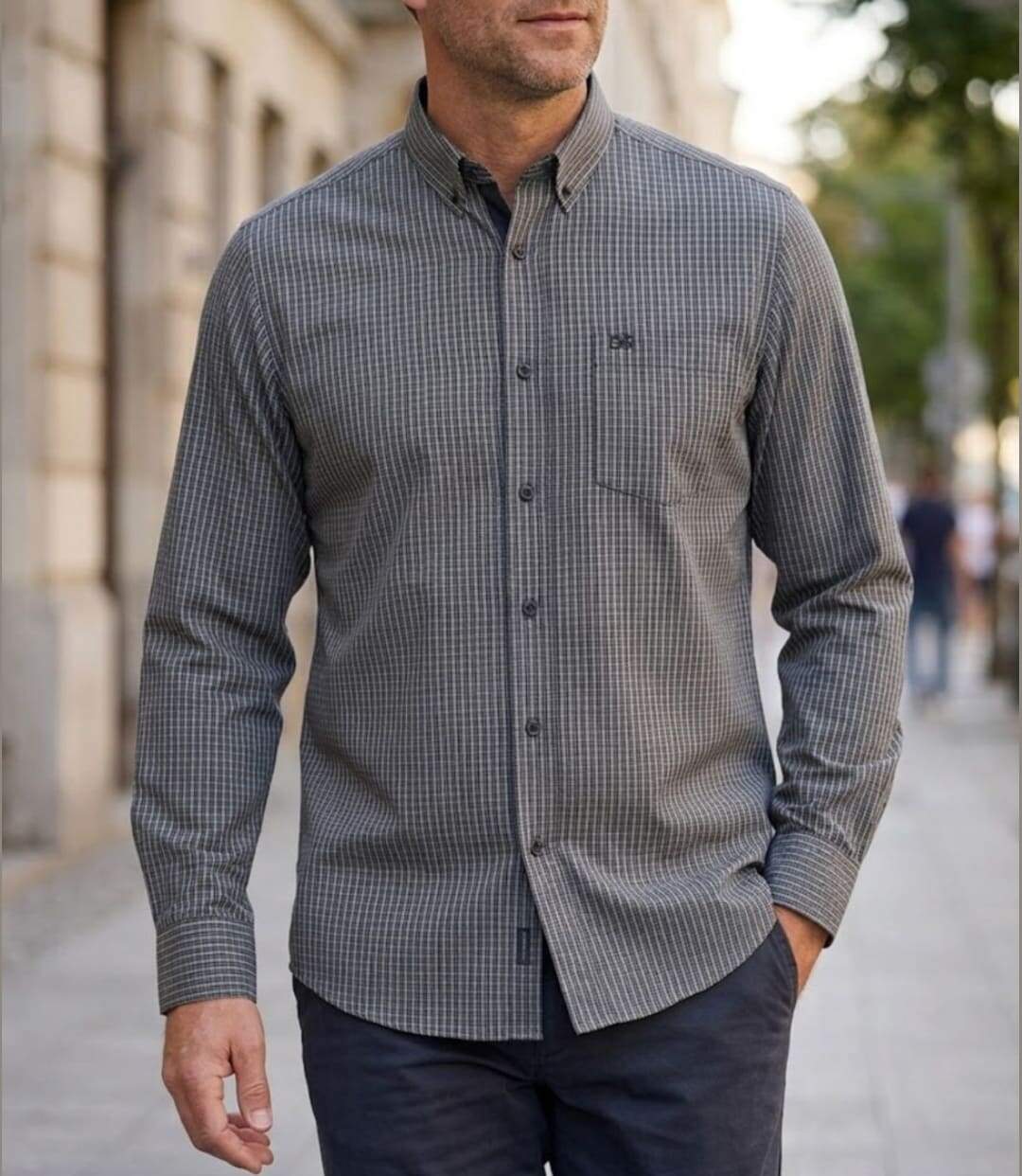 CHALLENGER TACITE2 — Chemise à carreaux manches longues noir et gris : confort et élégance en popeline de coton-1