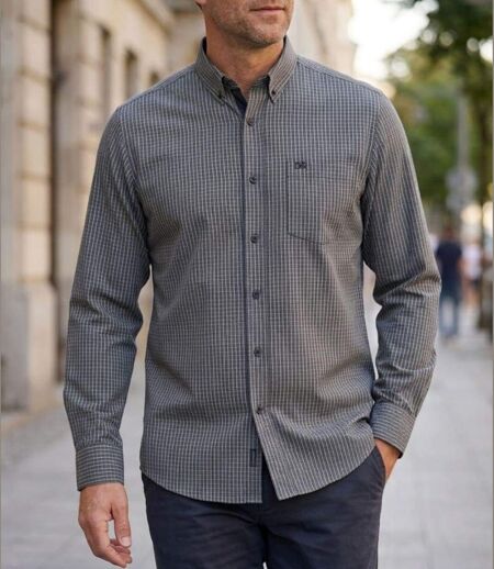 CHALLENGER TACITE2 — Chemise à carreaux manches longues noir et gris : confort et élégance en popeline de coton